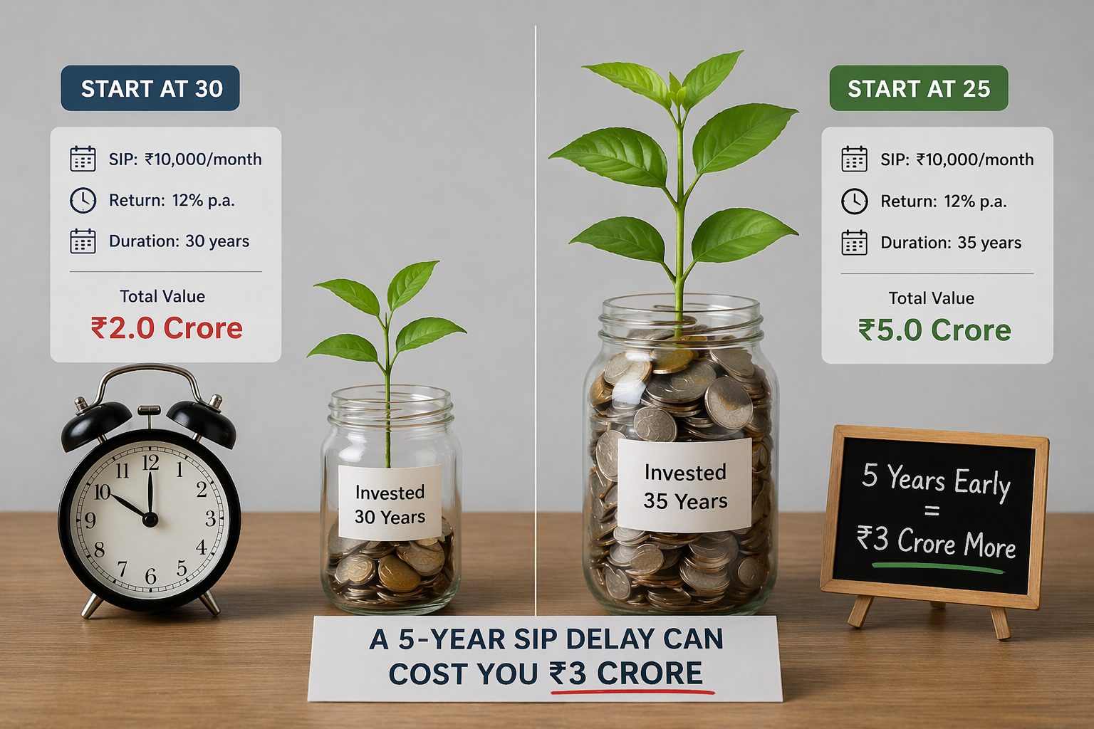 SIP delay cost ₹3 crore in India comparison showing early vs late investing using jars, coins, and plants to represent wealth growth over time